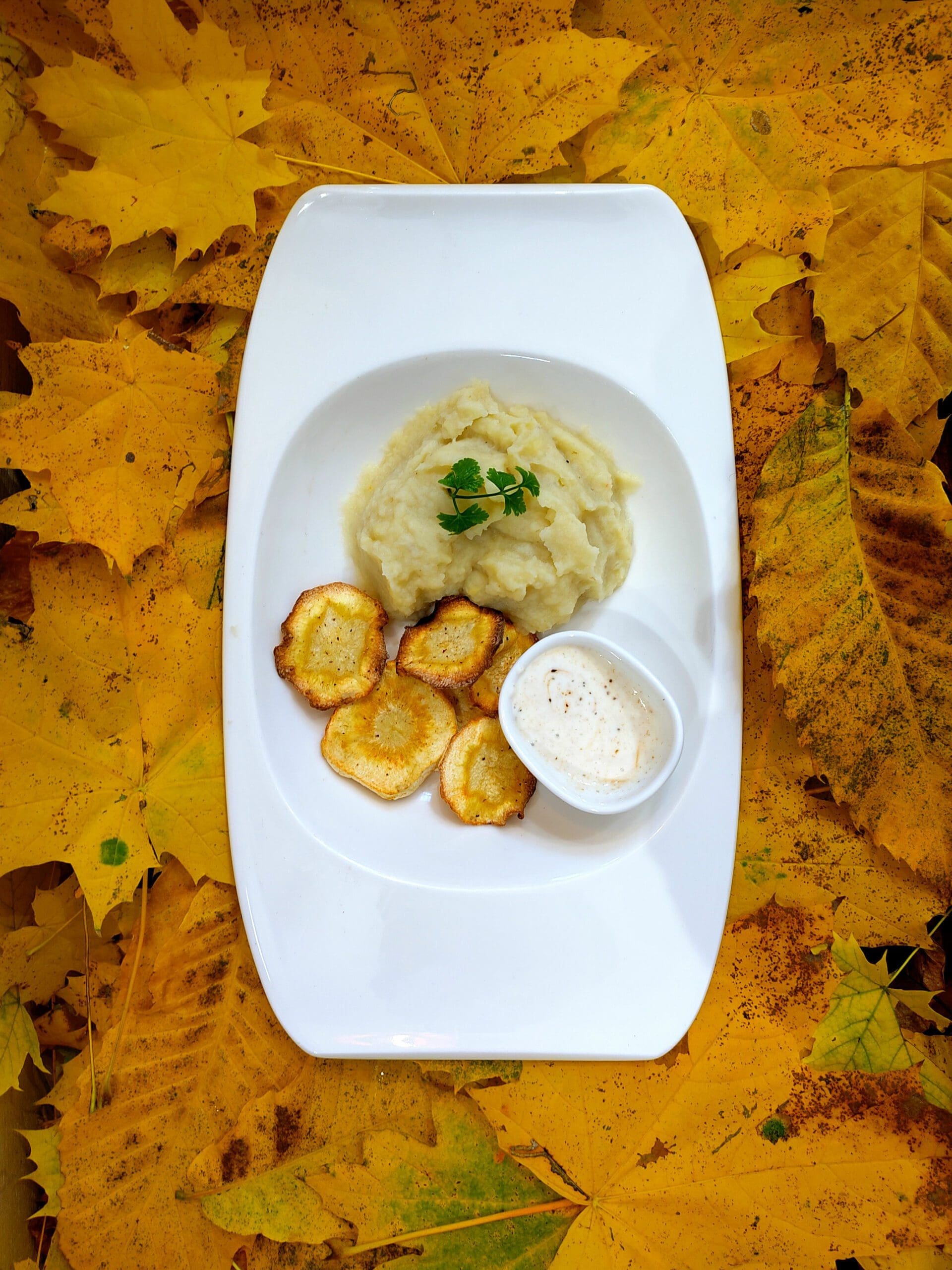 photos de purée de topinambours avec des chips de panais et sa sauce yahourt cumin