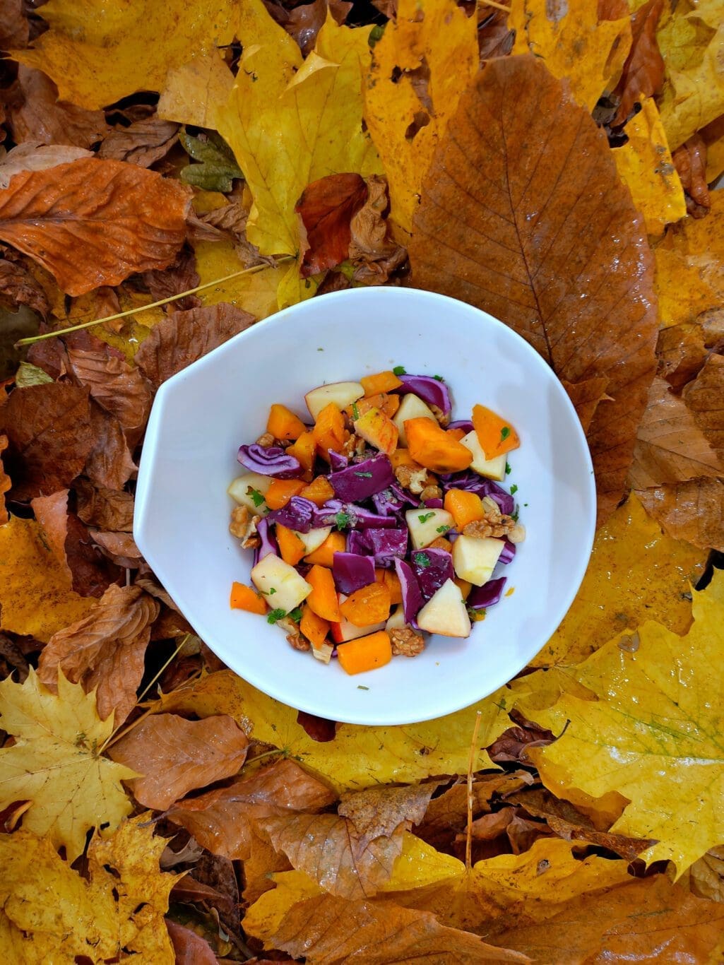 photo de recette salade végétarienne de choux rouge, patate douce, pomme et noix