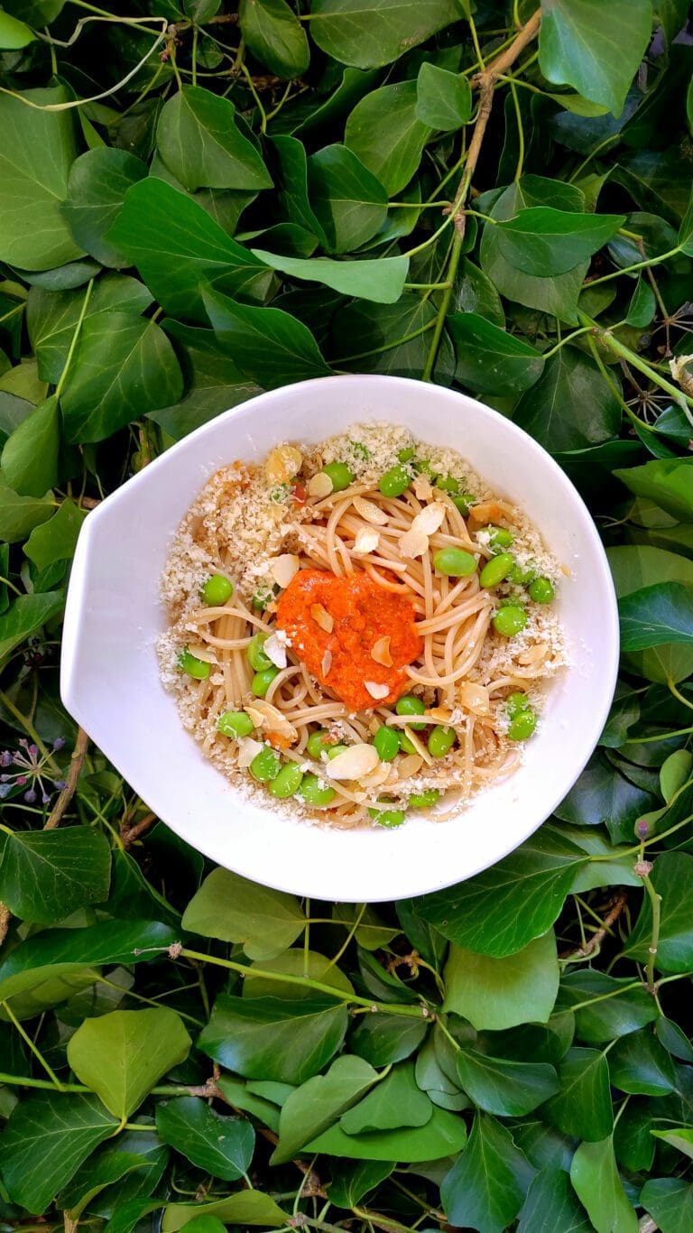 Spaghettis aux edamames, pesto rouge, amandes effilées et grana padano